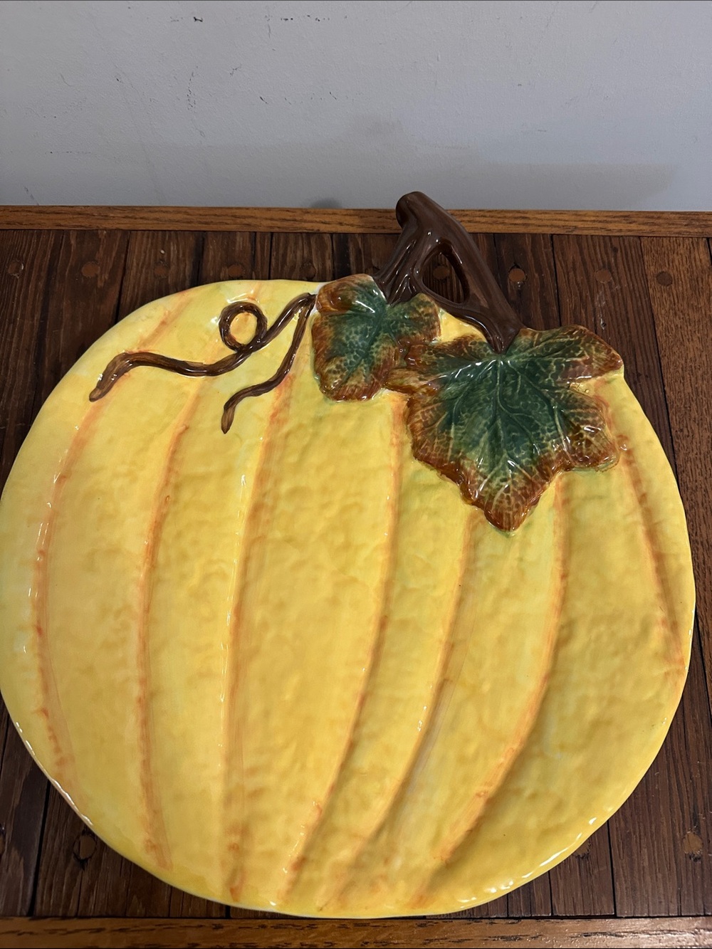Yellow Ceramic Pumpkin Serving Platter with Leaf Accent